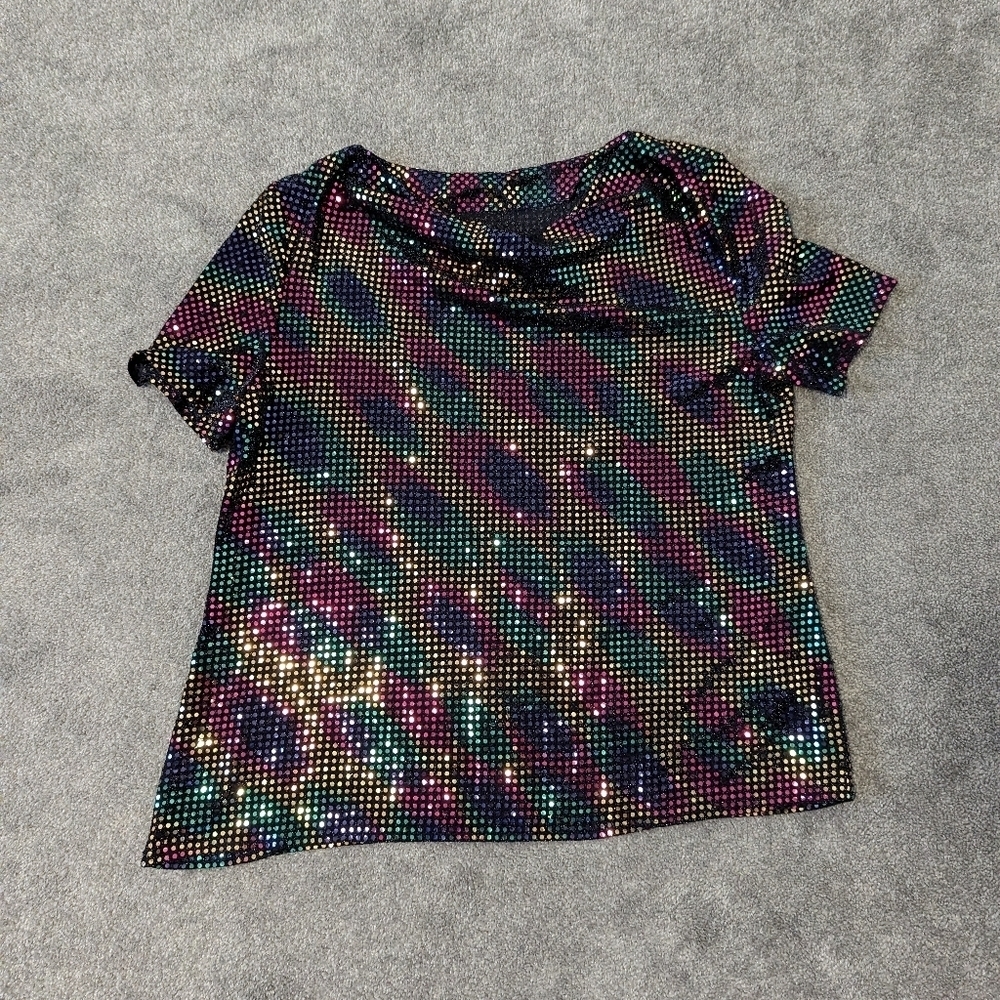 Rainbow Sequin Cowl Neck Shirt Sleeve Cocktail Party Blouse Size Medium Swiftie